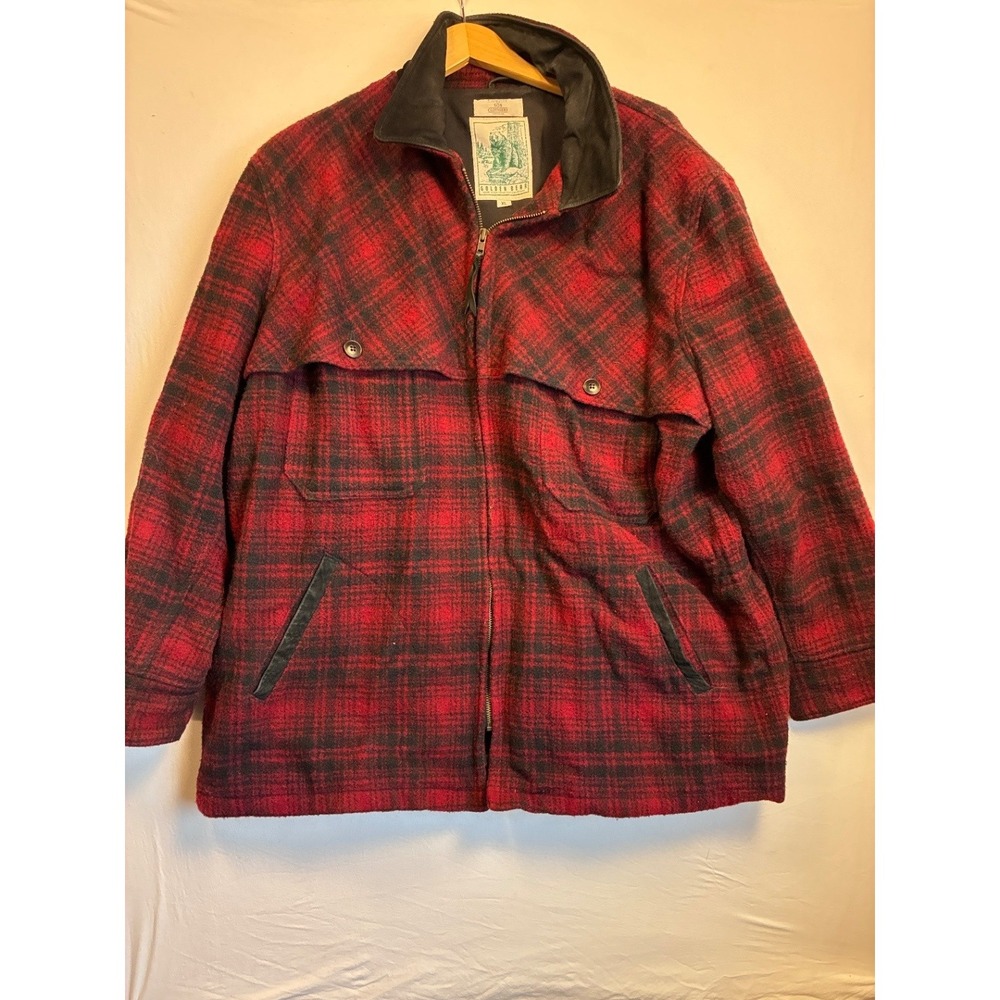 Vintage Golden Bear Mens XL Wool Plaid Mackinaw Jacket USA Red Black Zip
